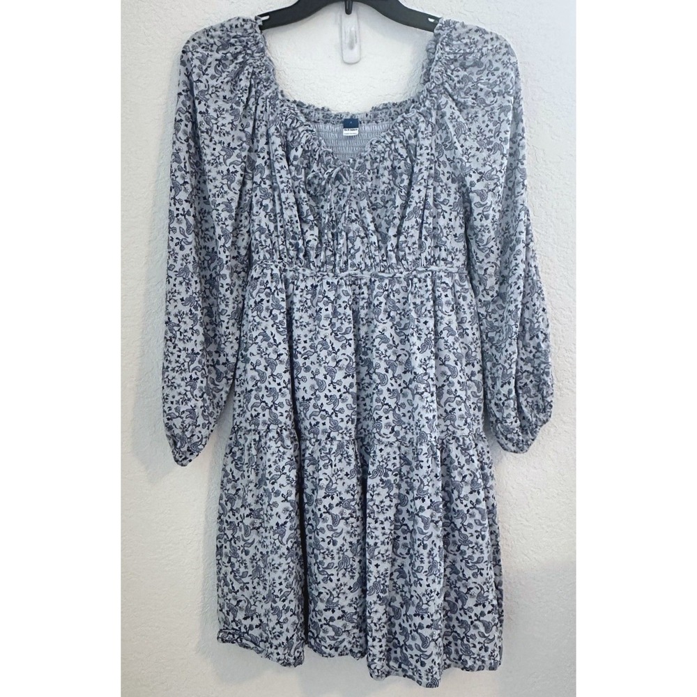 Old Navy Blue Ditsy Floral Milkmaid Boho Romantic Dress S‎ L/S Tie Neck Smocked